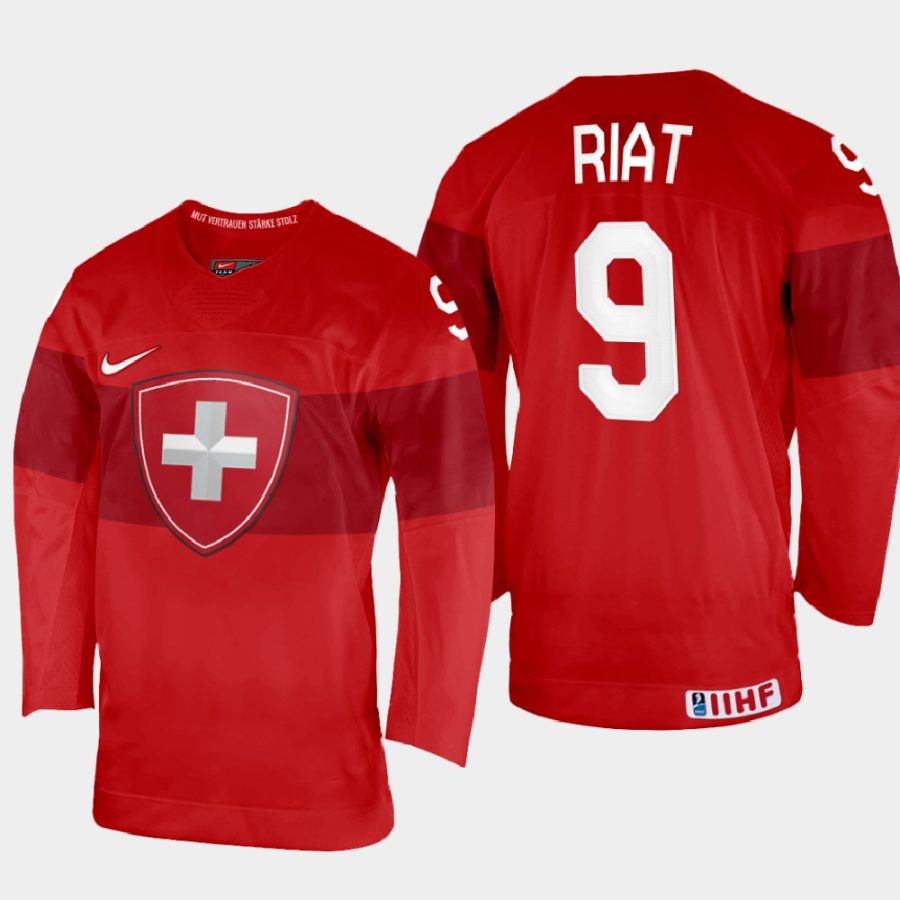 switzerland hockey damien riat 2022 iihf world championship away jersey red