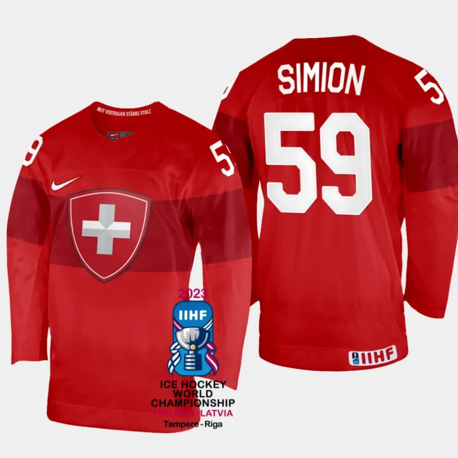 switzerland hockey dario simion 2023 iihf world championship men away jersey red