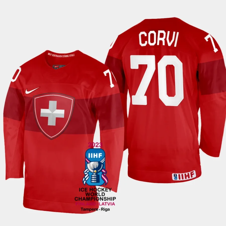 switzerland hockey enzo corvi 2023 iihf world championship men away jersey red