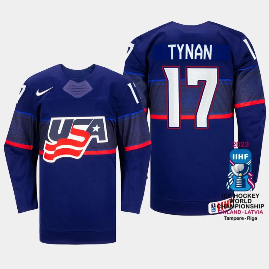 usa hockey t.j. tynan 2023 iihf world championship men away jersey blue