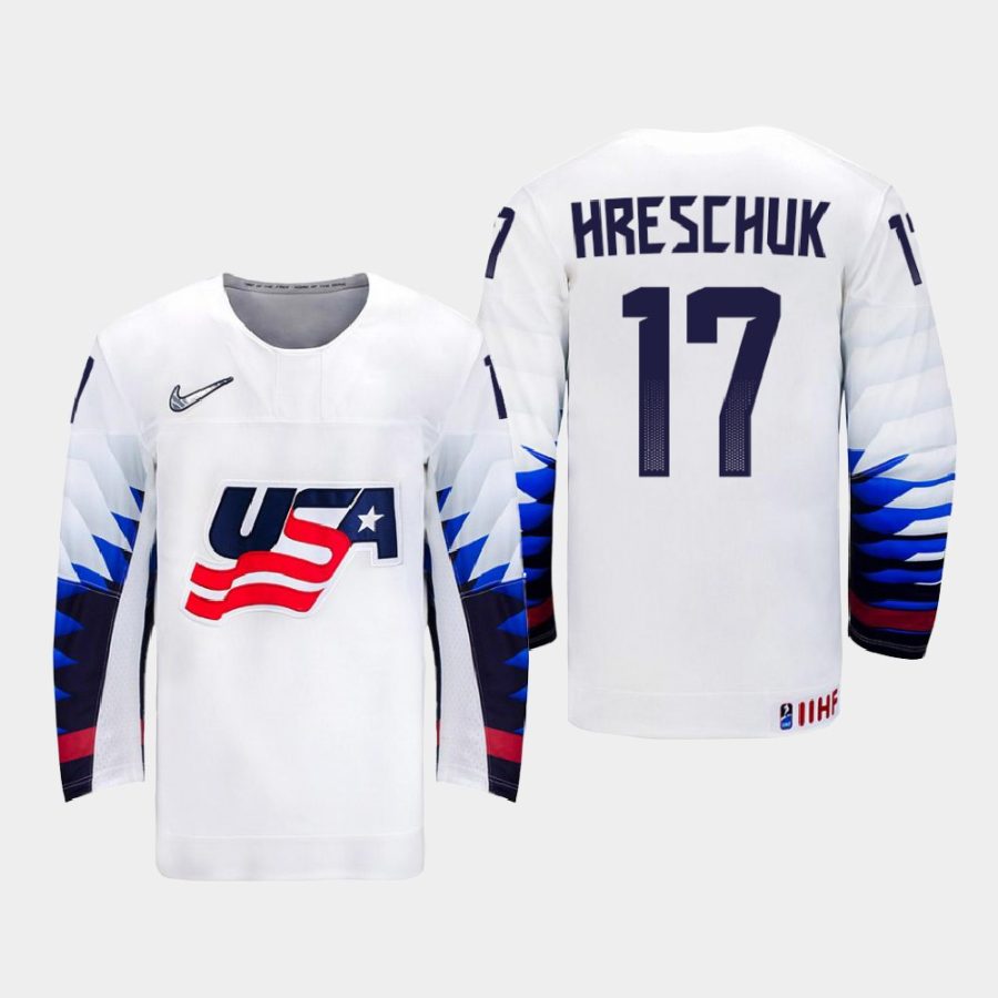 usa team aidan hreschuk 2021 iihf u18 world championship home jersey white