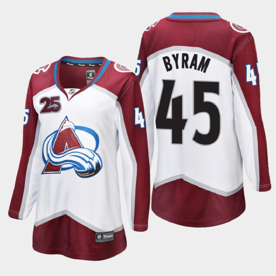 women avalanche bowen byram white 2020 21 25th anniversary away jersey