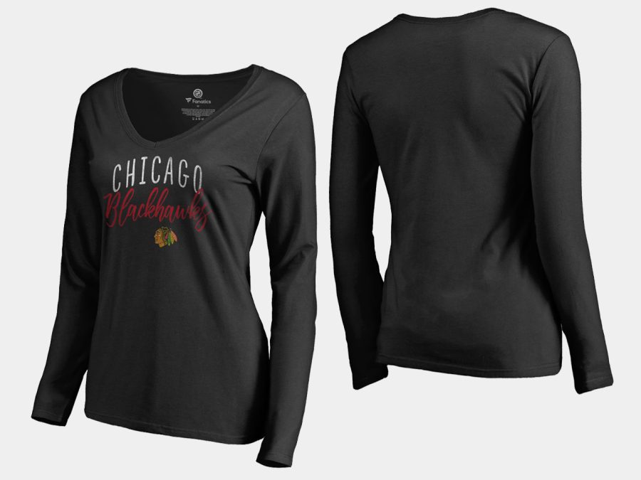 women blackhawks black graceful long sleeve v neck t shirt