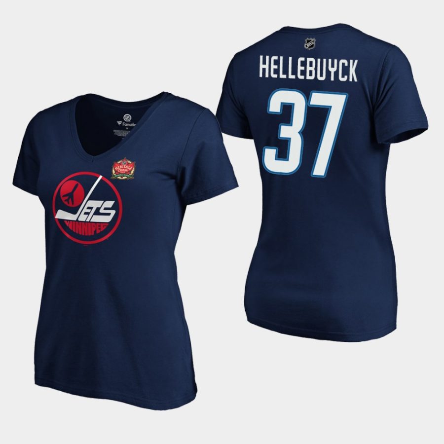 women jets connor hellebuyck navy 2019 heritage classic primary logo t shirt