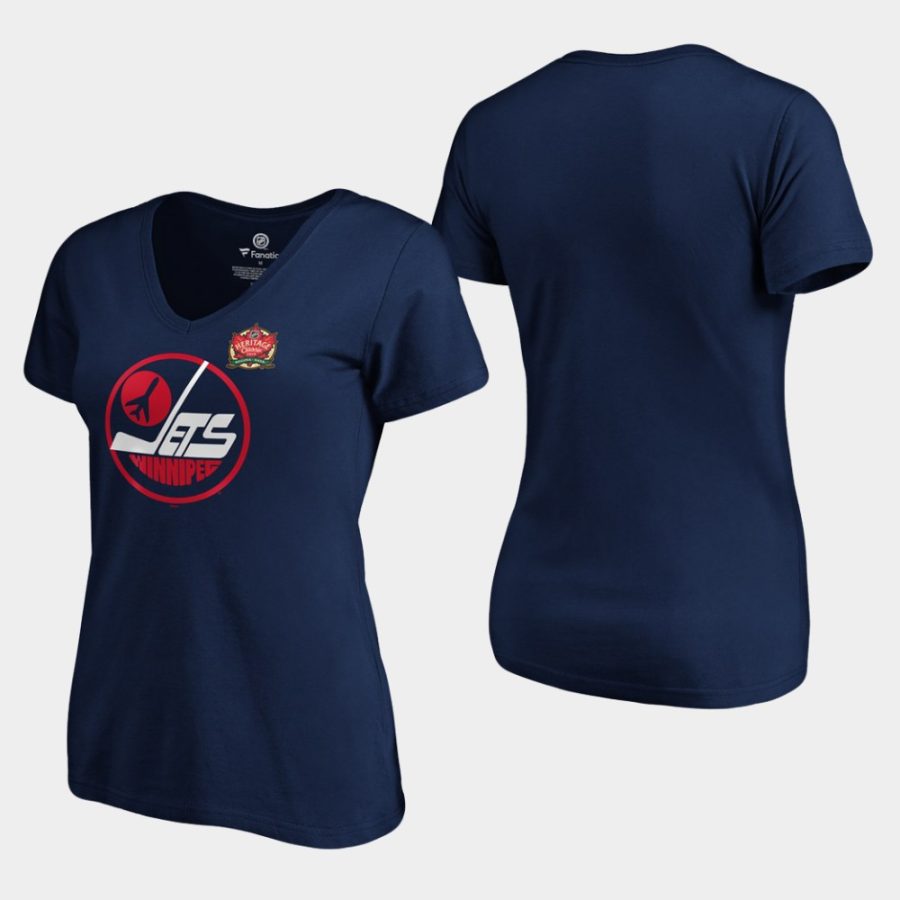 women jets navy 2019 heritage classic primary logo v neck t shirt