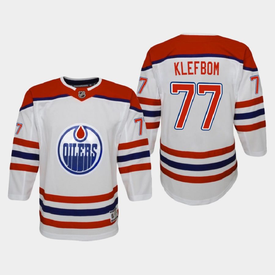 youth oilers oscar klefbom white 2020 21 reverse retro replica jersey