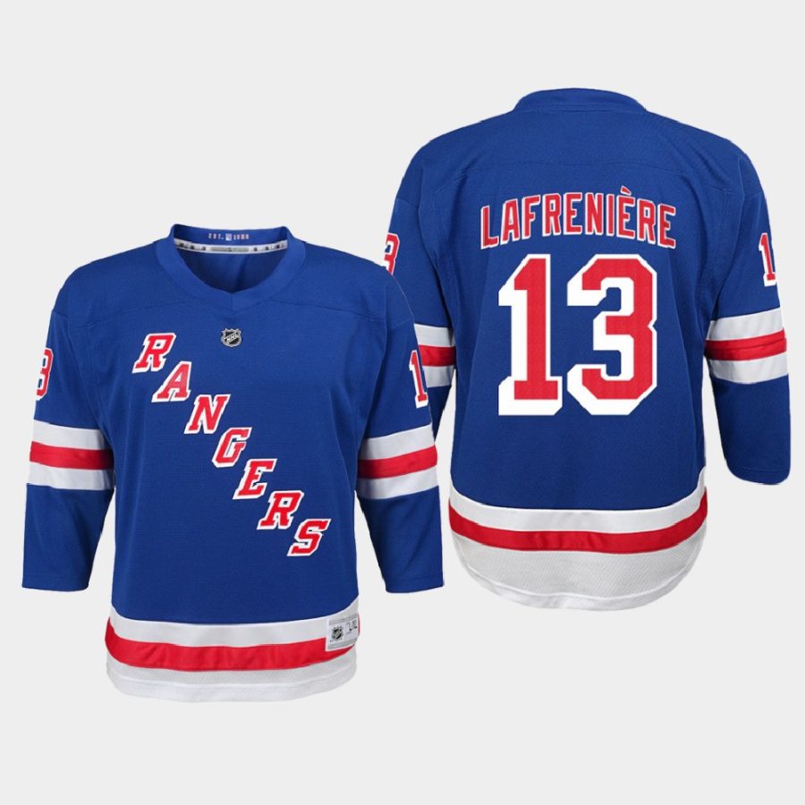 youth rangers alexis lafreniere blue 2020 21 home replica jersey