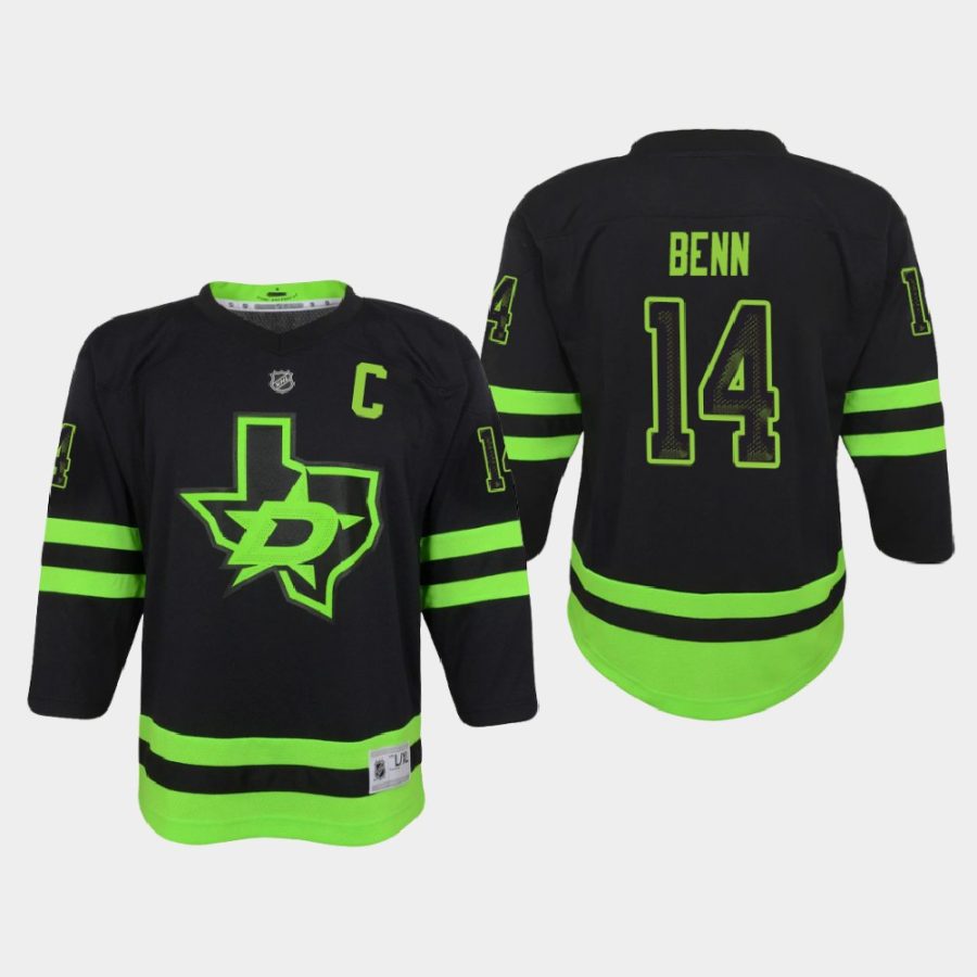 youth stars jamie benn black 2020 21 alternate blackout replica jersey