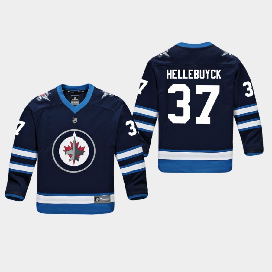 youthjets connor hellebuyck navy home replica player jersey