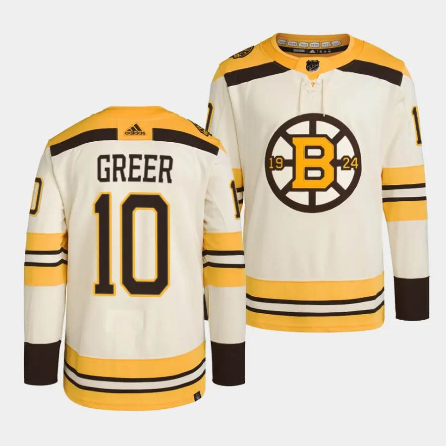 a.j. greer bruins cream 2023 24100th anniversary primegreen authentic playerjersey