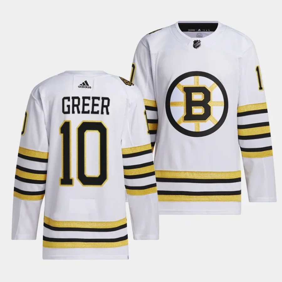 a.j. greer bruins white 2023 24100th anniversary primegreen authentic playerjersey