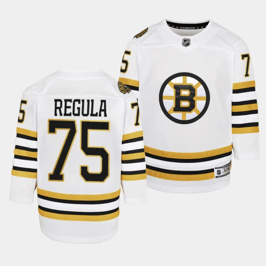 alec regula bruins 2023 24100th anniversary youth white jersey