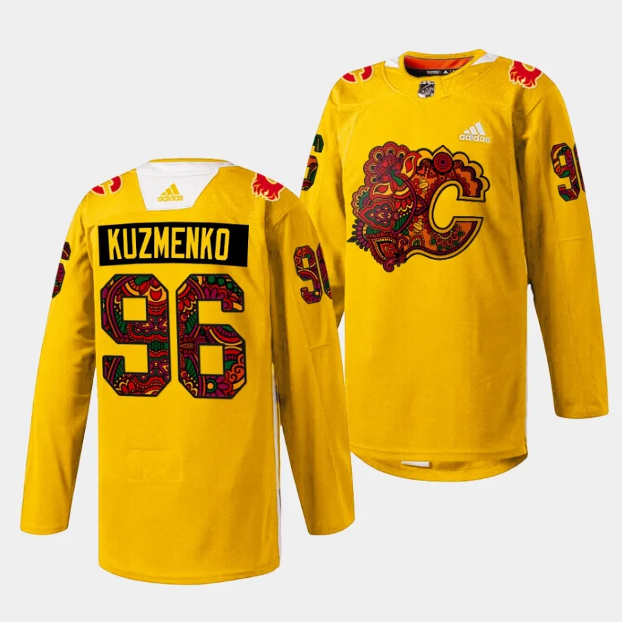 andrei kuzmenko flames gold 2024south asian celebration holi jersey