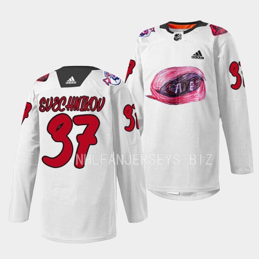 andrei svechnikov hurricanes white 2023 kids day warmup jersey