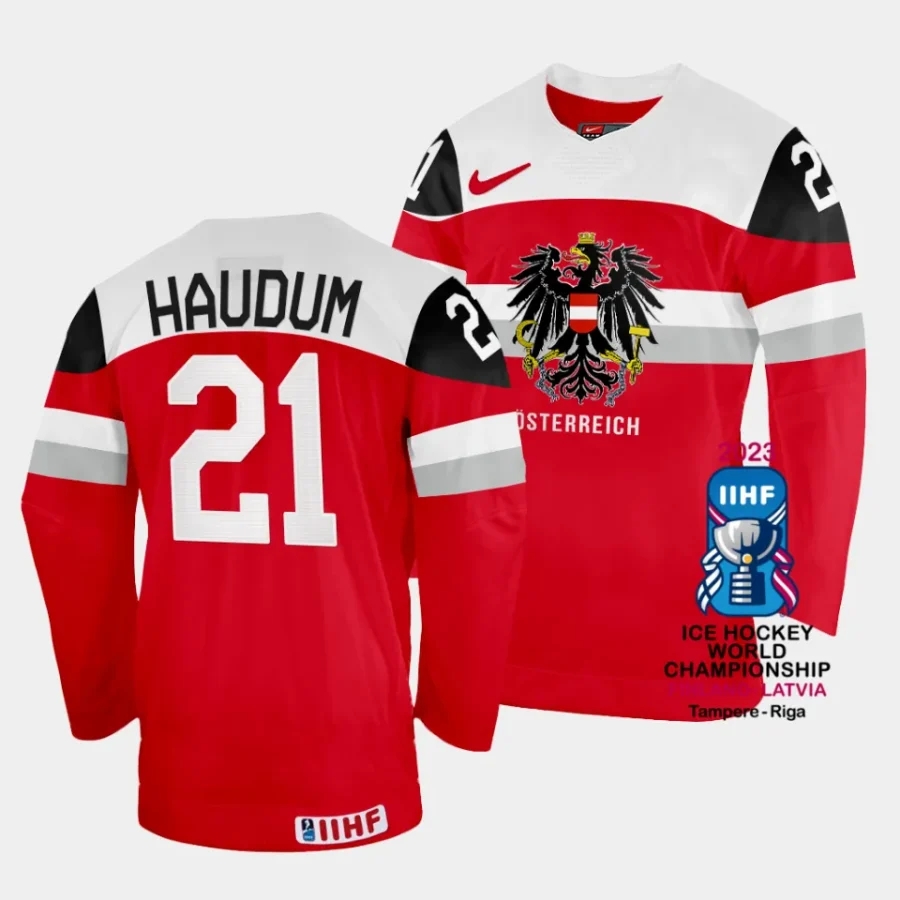 australia lukas haudum 2023 iihf world championship red away jersey