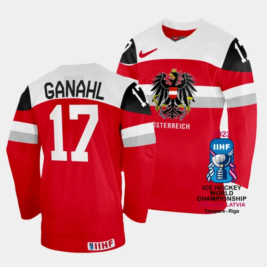 australia manuel ganahl 2023 iihf world championship red away jersey