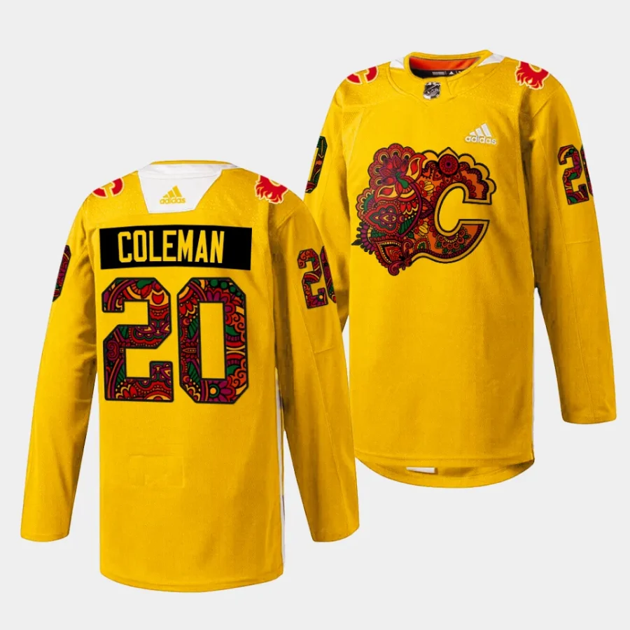 blake coleman flames gold 2024south asian celebration holi jersey