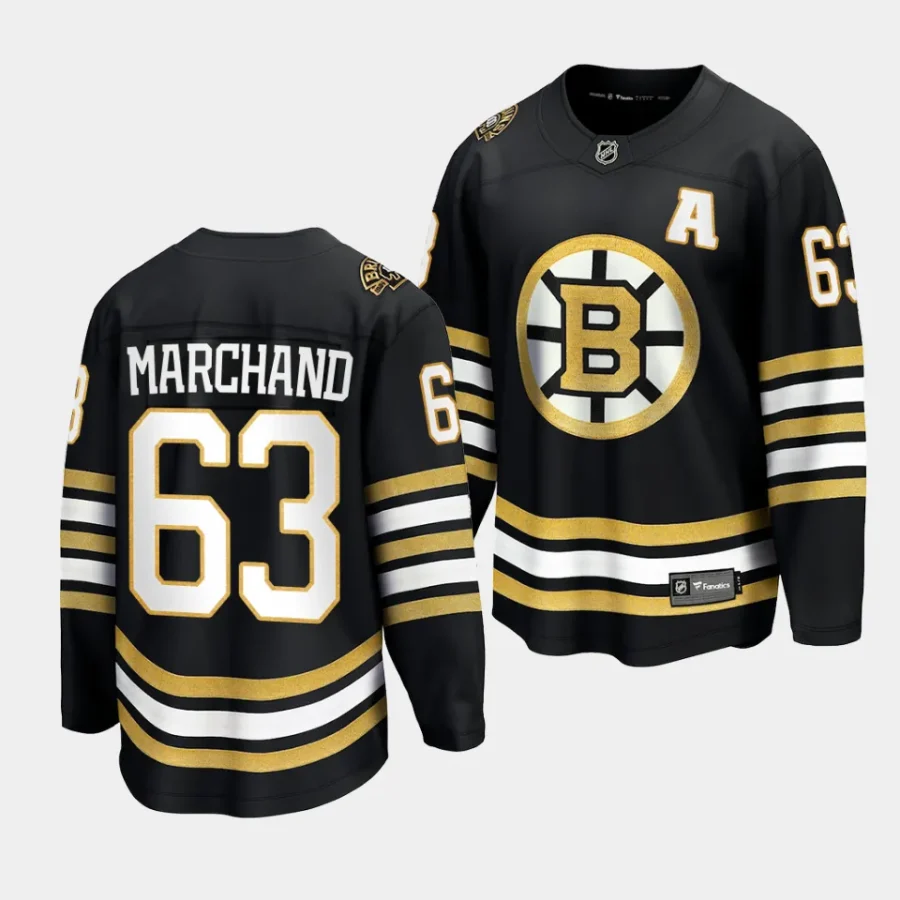 brad marchand bruins black 2023 24 100th anniversary premier jersey