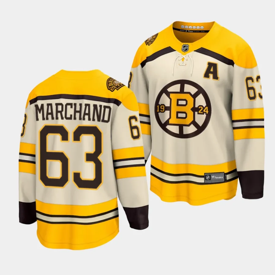 brad marchand bruins cream 2023 24100th anniversary premier jersey