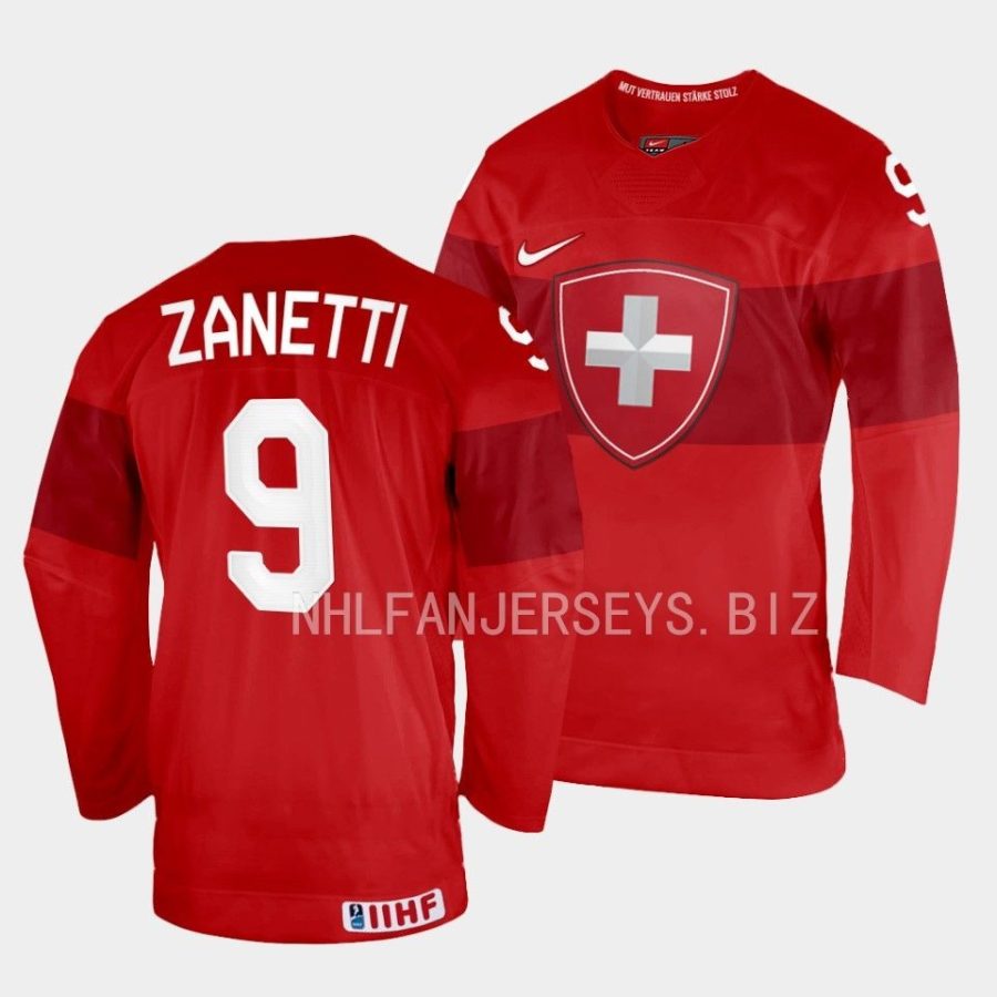 brian zanetti switzerland 2023 iihf world junior championship red jersey