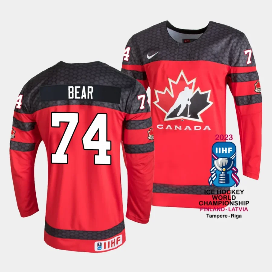 canada ethan bear 2023 iihf world championship red away jersey