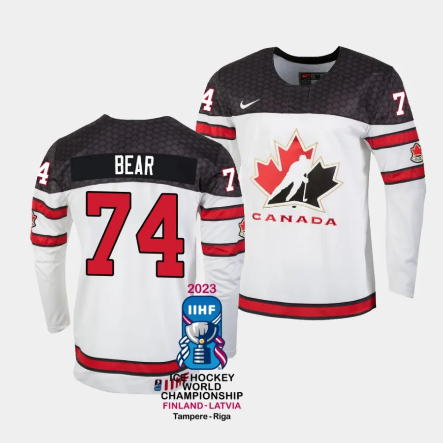 canada ethan bear 2023 iihf world championship white home jersey