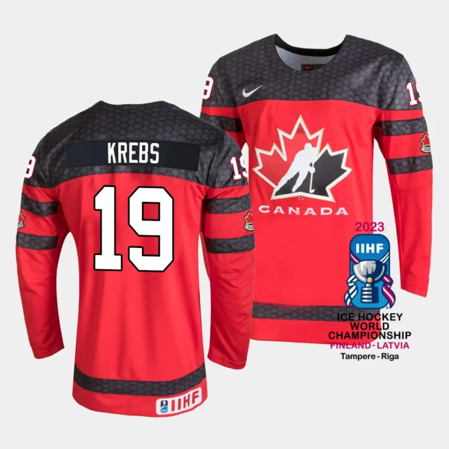 canada peyton krebs 2023 iihf world championship red away jersey