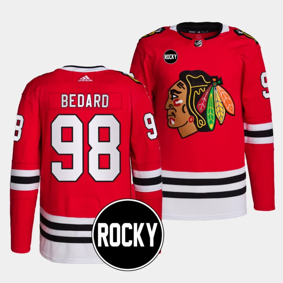 connor bedard blackhawks red 2023 24authentic home rocky patch jersey