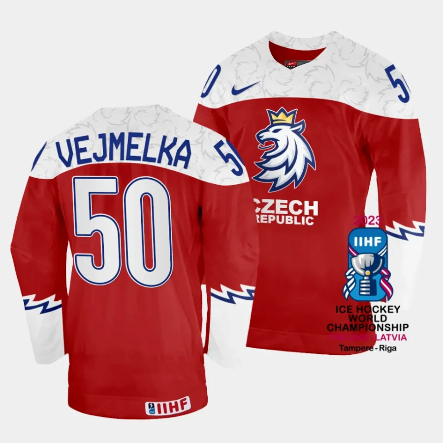 czechia karel vejmelka 2023 iihf world championship red away jersey