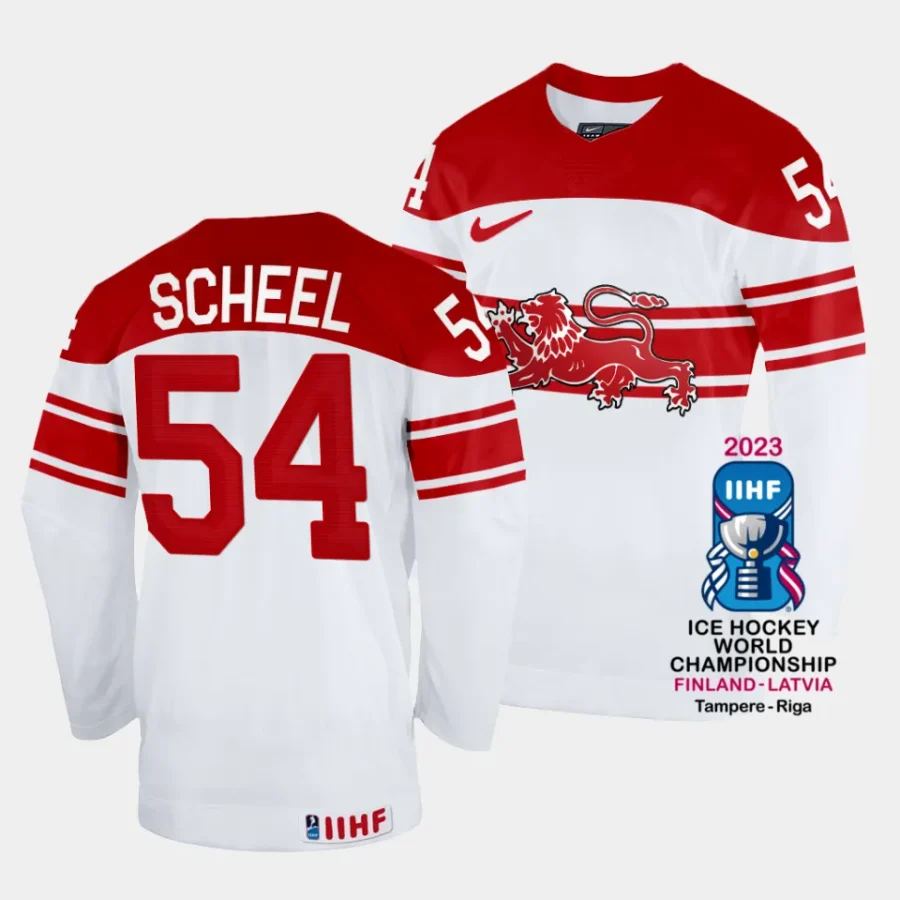 denmark felix scheel 2023 iihf world championship white home jersey