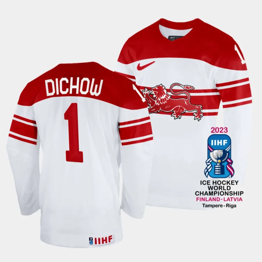 denmark frederik dichow 2023 iihf world championship white home jersey