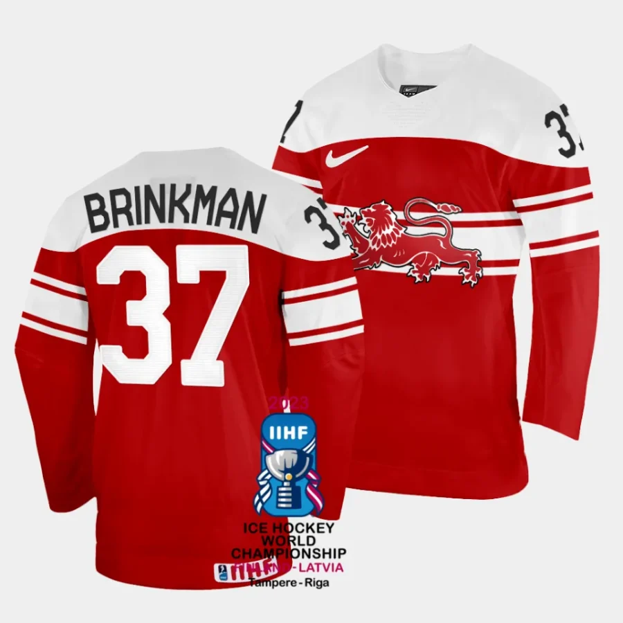 denmark jonathan brinkman 2023 iihf world championship red away jersey