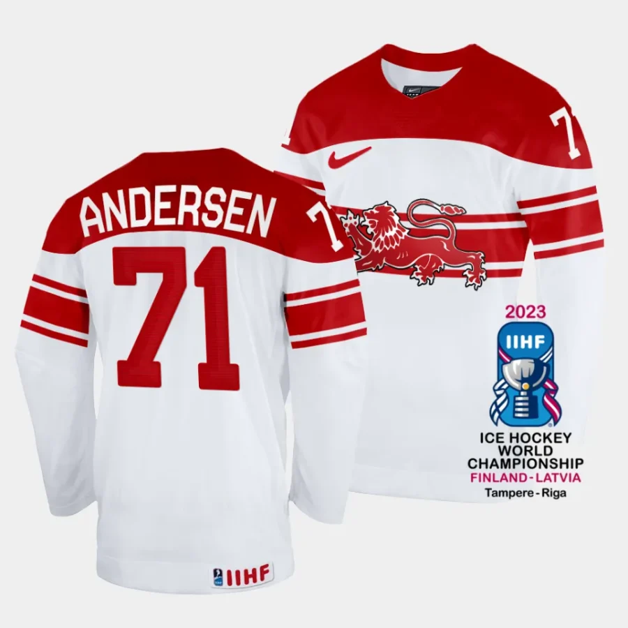 denmark lucas andersen 2023 iihf world championship white home jersey