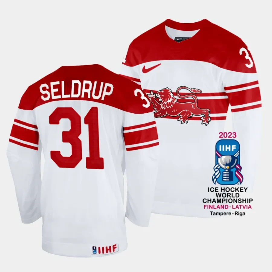 denmark mathias seldrup 2023 iihf world championship white home jersey