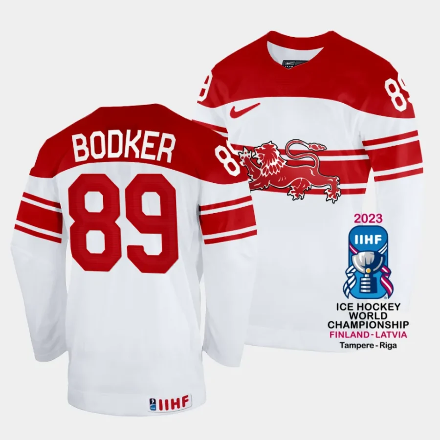 denmark mikkel bodker 2023 iihf world championship white home jersey