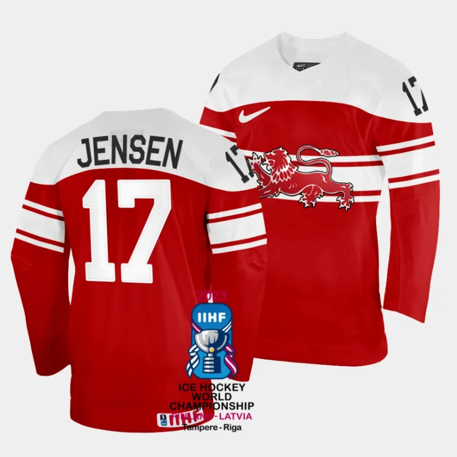 denmark nicklas jensen 2023 iihf world championship red away jersey