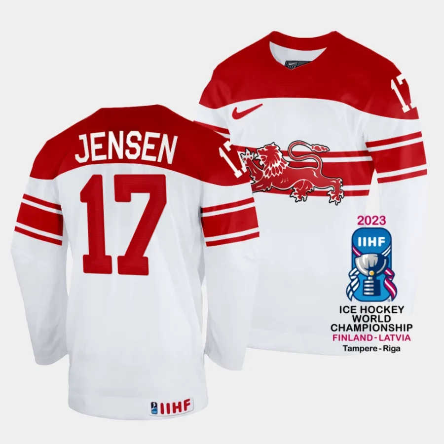 denmark nicklas jensen 2023 iihf world championship white home jersey