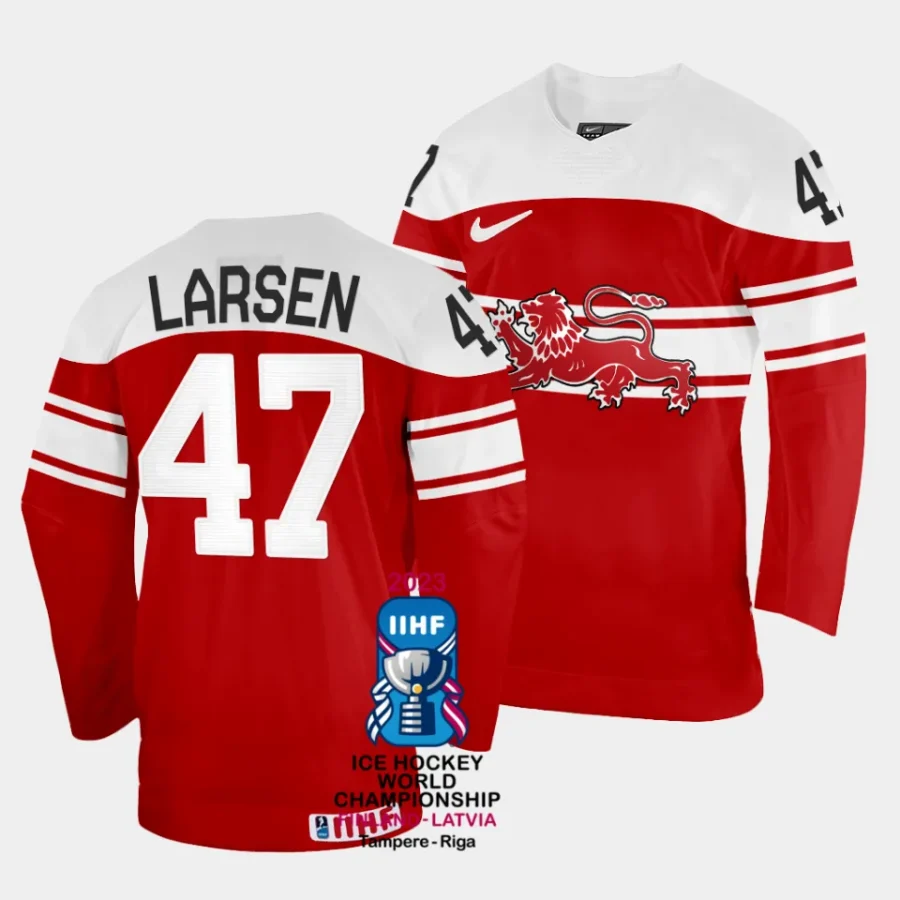 denmark oliver larsen 2023 iihf world championship red away jersey