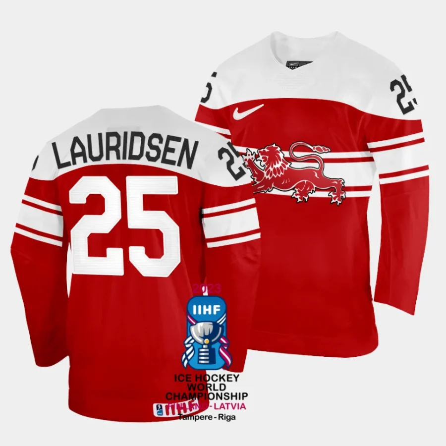 denmark oliver lauridsen 2023 iihf world championship red away jersey