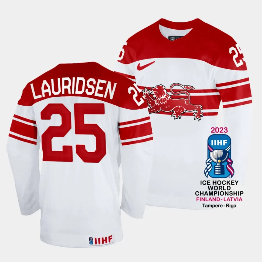 denmark oliver lauridsen 2023 iihf world championship white home jersey