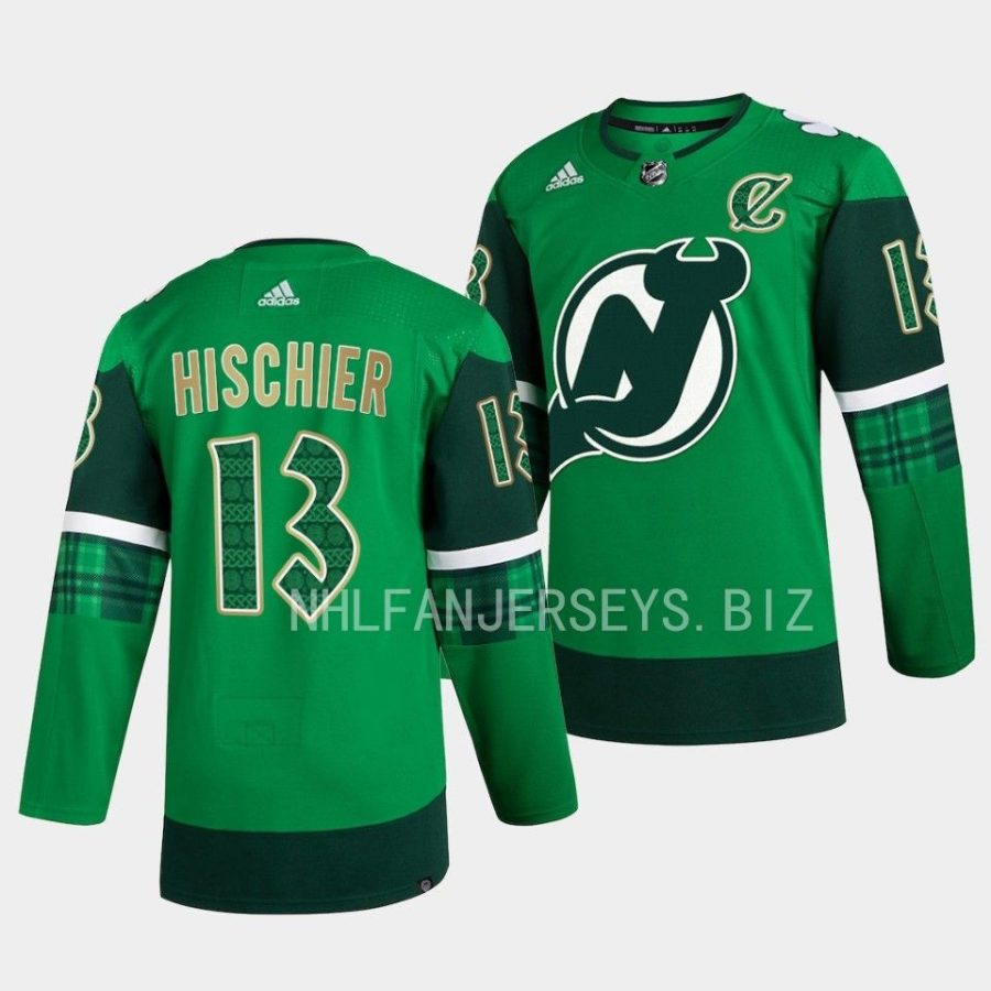 devils nico hischier green 2023 st. patricks day jersey