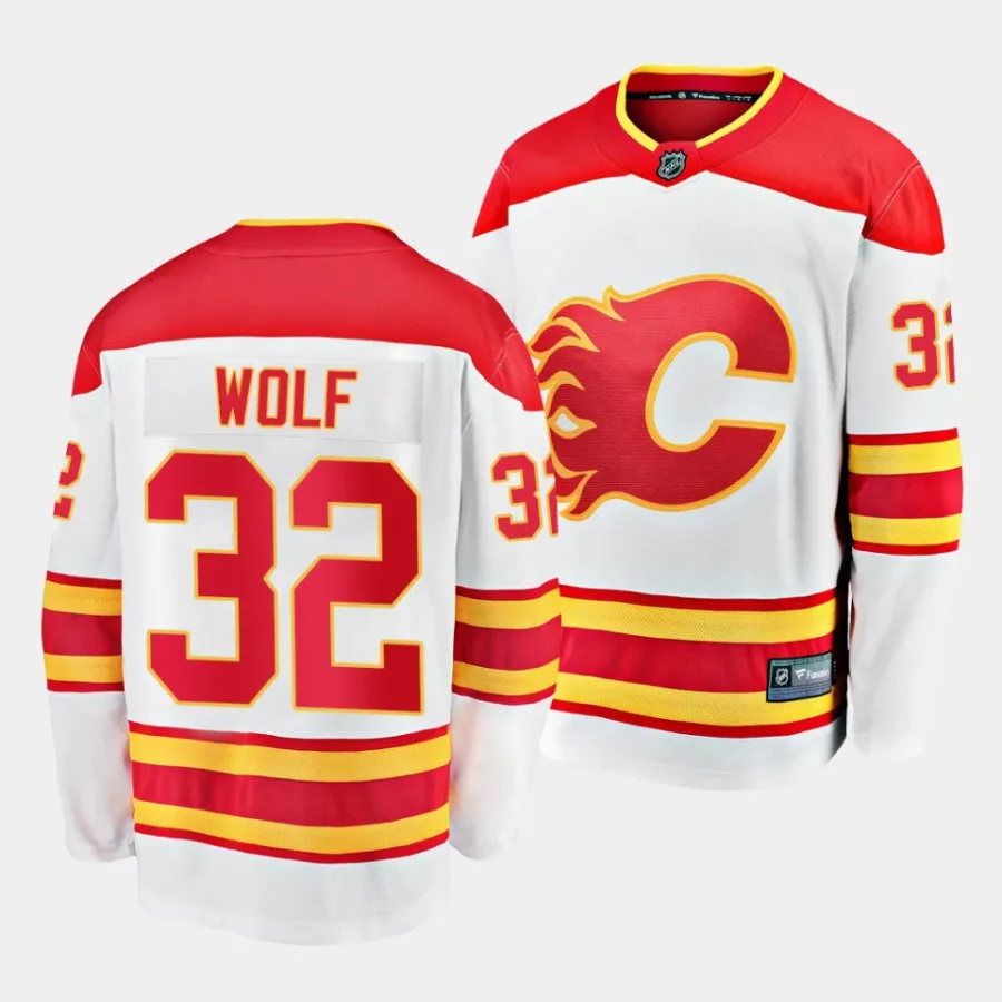 dustin wolf flames white away breakaway player jersey