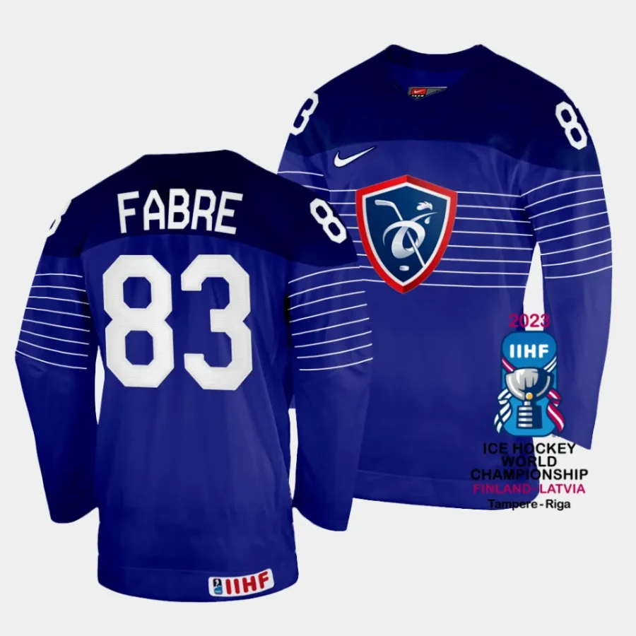 dylan fabre france 2023 iihf world championship away blue jersey