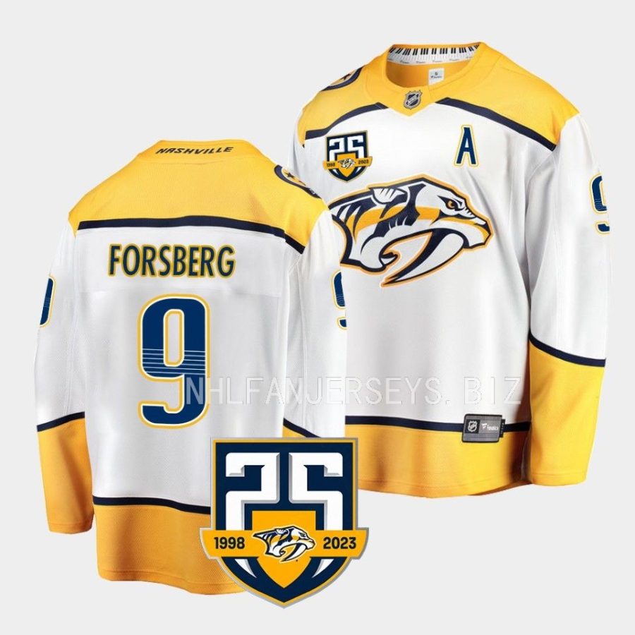 filip forsberg predators white 2023 2425th anniversary logo away jersey