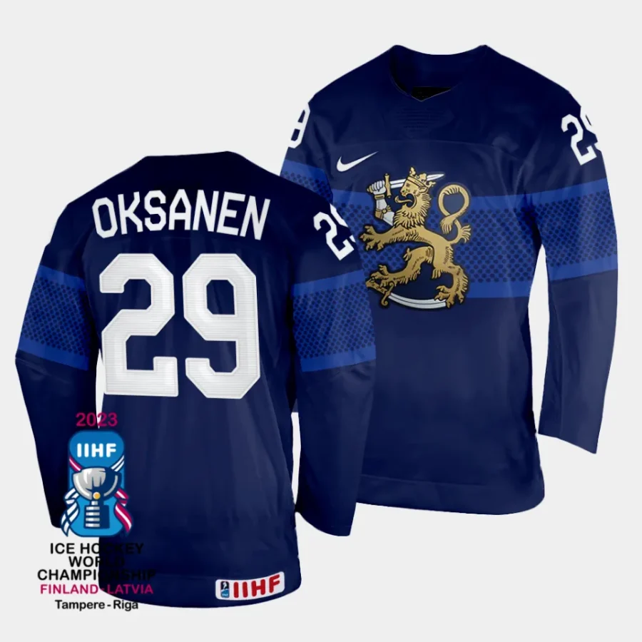 finland ahti oksanen 2023 iihf world championship navy away jersey