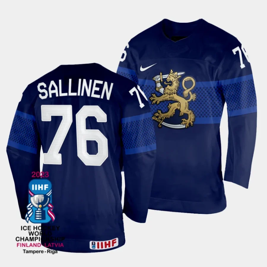 finland jere sallinen 2023 iihf world championship navy away jersey