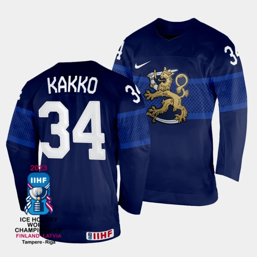 finland kaapo kakko 2023 iihf world championship navy away jersey