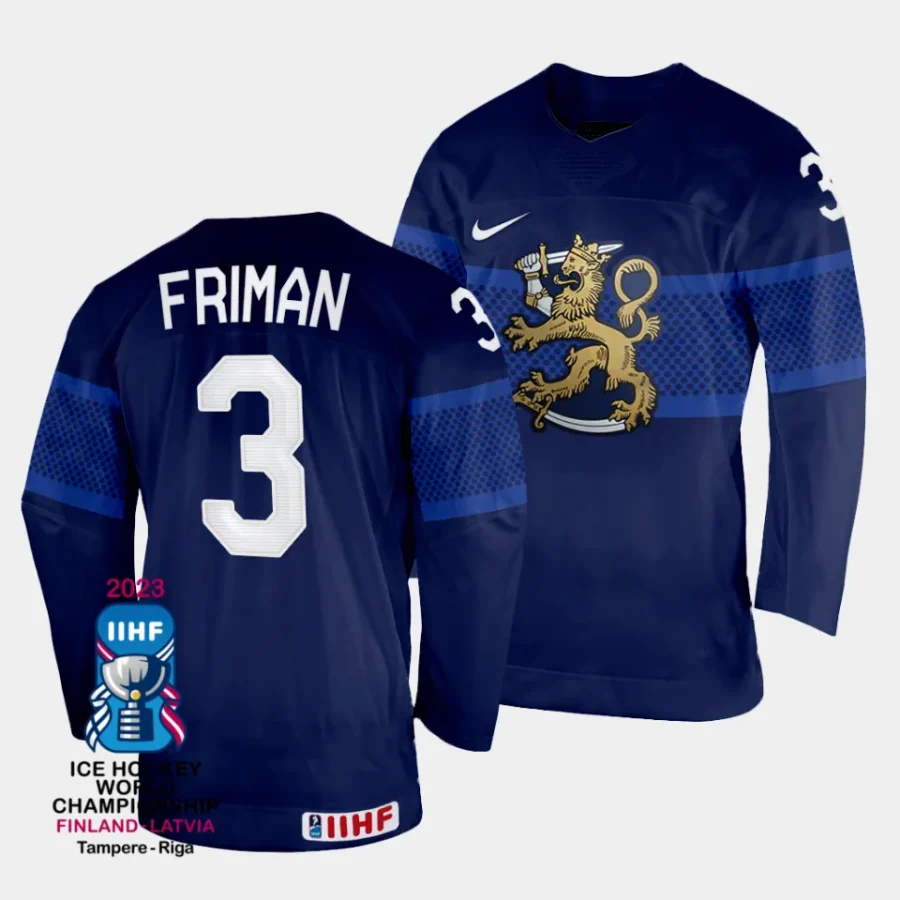 finland niklas friman 2023 iihf world championship navy away jersey