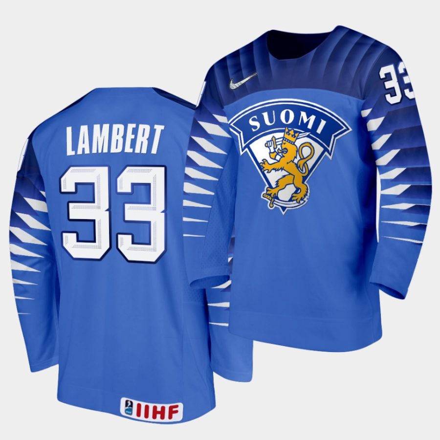 finland team brad lambert 2021 iihf world junior championship blue away jersey