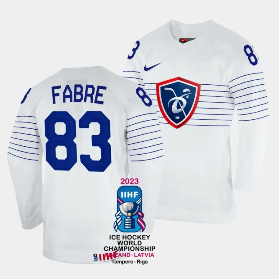 france dylan fabre 2023 iihf world championship white home jersey